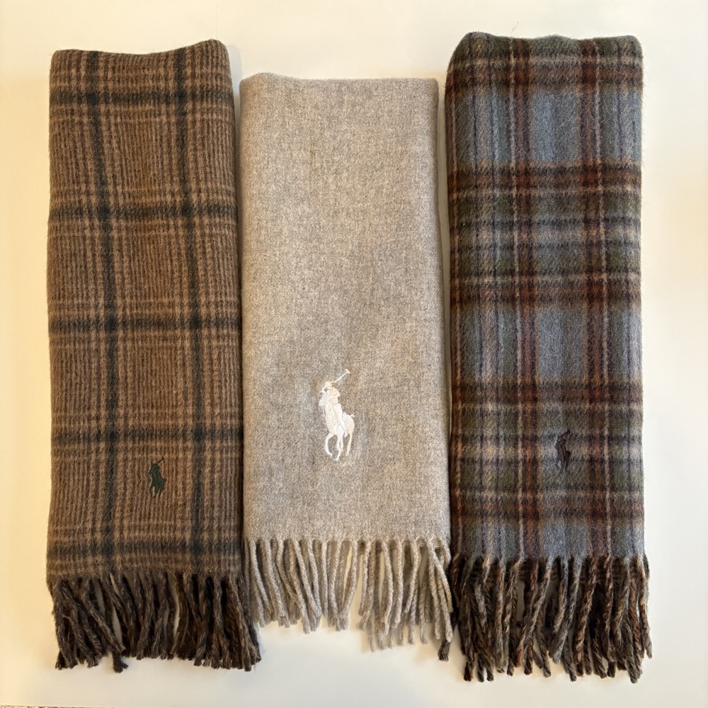 Polo Ralph Lauren Lambs Wool Scarf LOT OF 3 Plaid Reversible Fringe Preppy Logo